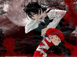  artist_request bandages black_hair dagger knife monochrome_factor nikaido_akira red_eyes solo weapon 