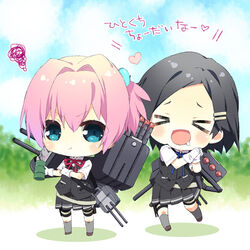  &gt;_&lt; 2girls :d :t bike_shorts black_hair blue_eyes chibi closed_eyes commentary_request drink drooling gloves grey_legwear hair_ornament hairclip heart kantai_collection kneehighs kuroshio_(kancolle) machinery multiple_girls neck_ribbon open_mouth pink_hair ponytail red_ribbon ribbon school_uniform shiranui_(kancolle) short_hair shorts shorts_under_skirt smile socks squiggle takamura_masaya translation_request turret vest white_gloves 