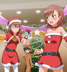  2girls animal_costume bare_shoulders black_hair blush brown_eyes brown_hair christmas christmas_ornaments christmas_tree commentary_request hairband hat kamijou_touma kasumi_uzuki misaka_mikoto misaka_misuzu mother_and_daughter multiple_girls one_eye_closed open_mouth pantyhose photo_(object) photoshop_(medium) reindeer_costume santa_costume santa_hat short_hair spiked_hair toaru_majutsu_no_index white_pantyhose 