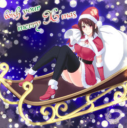  artist_name belt black_thighhighs boots brown_hair capelet christmas commentary_request english_text engrish_text female hat highres korisei merry_christmas original ranguage red_eyes sack santa_costume santa_hat signature sitting sleigh snow snowflakes solo thighhighs 