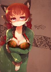  animal_ears bra braid breasts cat_ears cleavage commentary_request extra_ears female highres kaenbyou_rin large_breasts lingerie open_clothes red_eyes red_hair sacha solo touhou twin_braids twintails underwear 