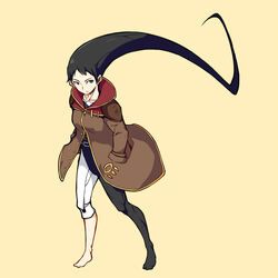  asymmetrical_clothes azel_(panzer_dragoon) black_eyes black_hair black_legwear closed_mouth coat commentary_request dream_demon female full_body hands_in_pockets legs_apart long_hair long_sleeves looking_at_viewer pants panzer_dragoon single_pantsleg solo standing very_long_hair white_pants 