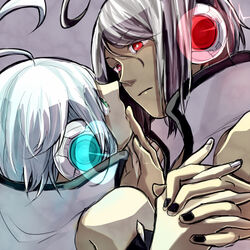  2boys ahoge black_nails closed_mouth commentary_request creamyya dark_persona dual_persona eye_contact finger_to_another&#039;s_mouth glowing green_eyes grey_hair holding_hands interlocked_fingers looking_at_another male_focus multiple_boys nail_polish red_eyes utatane_piko vocaloid white_hair white_nails 