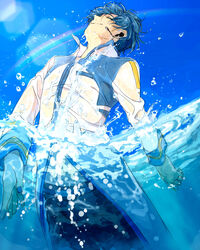  1boy absurdres blue_nails closed_eyes coat commentary_request creamyya day happy highres kaito_(vocaloid) lens_flare male_focus midriff nail_polish navel partially_submerged partially_underwater_shot rainbow sky smile solo vocaloid water wet wet_clothes wet_hair 