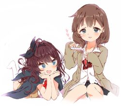  2girls caracorn cardigan commentary_request cosplay costume_switch ichinose_shiki idolmaster idolmaster_cinderella_girls multiple_girls open_cardigan open_clothes sakuma_mayu test_tube 