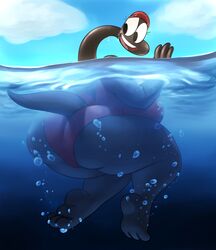  anthro ass big_breasts big_butt breasts chubby clothing cloud dinosaur female looking_back molly_collins open_mouth sauropod scalie smile solo swimming swimsuit the_amazing_world_of_gumball thingshappen water 