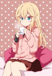  aqua_eyes blonde_hair cardigan commentary_request cup female highres holding holding_cup long_hair long_sleeves looking_afar mug original pillow polka_dot polka_dot_background sitting skirt steam suemizu_yuzuki 