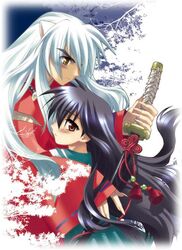  1boy animal_ears black_hair branch couple dog_ears female fingernails higurashi_kagome inuyasha inuyasha_(character) long_fingernails long_hair non-web_source protecting sleeves_past_wrists straight sword weapon white_hair yuuki_mitsuru 