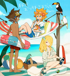  3boys amemiya_taiyou ball barefoot basket beach beachball bird blonde_hair blue_eyes brown_hair cloud cockatoo commentary_request day eyewear_on_head flower goggles goggles_on_head green_eyes hair_flower hair_ornament hair_over_one_eye hammock hinano_kinsuke inazuma_eleven_(series) inazuma_eleven_go innertube l_hakase male_focus multiple_boys open_mouth orange_hair outdoors parrot sandals sata_tosamaru sitting sky standing sulphur-crested_cockatoo sunglasses swim_ring topless_male toucan water 