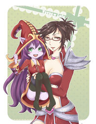  2girls carrying colored_skin commentary_request glasses green_eyes hat heartseeker_vayne ichancat league_of_legends long_hair lulu_(league_of_legends) multiple_girls panties photoshop_(medium) pointy_ears princess_carry purple_hair purple_skin striped_clothes striped_panties underwear vayne_(league_of_legends) witch_hat 