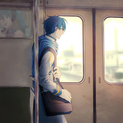  1boy bag blue_eyes blue_nails blue_scarf coat commentary_request creamyya hatsune_miku highres kaito_(vocaloid) male_focus nail_polish poster_(object) scarf school_bag solo train_interior twintails vocaloid 