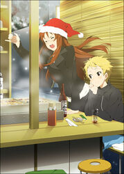  2girls black_legwear blonde_hair blue_eyes blush brown_hair closed_eyes food_stand hat k-on! kawaguchi_norimi mizuki_makoto multiple_girls pantyhose photoshop_(medium) santa_hat window_blinds yamanaka_sawako yatai 