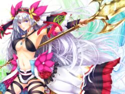  bad_id bad_pixiv_id bow breasts female flower gem hair_flower hair_ornament hair_ribbon hairband hairbow highres holding holding_polearm holding_weapon ihara_natsume jewelry kurissa_(sennen_sensou_aigis) large_breasts long_hair looking_at_viewer midriff navel necklace o-ring parted_lips polearm purple_eyes ribbon ribs sennen_sensou_aigis skirt solo spear standing very_long_hair weapon white_hair white_skirt 