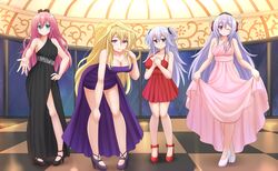  4girls :q :t ;) bare_shoulders black_dress black_footwear black_scrunchie blonde_hair blue_eyes blush breasts checkered_floor claudia_enfield cleavage collarbone commentary commission dress full_body gakusen_toshi_asterisk hair_ornament hair_scrunchie hand_on_own_hip hand_on_own_knee hands_on_own_chest high_heels highres julis-alexia_von_riessfeld kazenokaze large_breasts leaning_forward light_purple_hair long_dress long_hair looking_at_viewer multiple_girls one_eye_closed outstretched_arm pigeon-toed pink_dress pink_hair pointing pointing_at_self ponytail pout purple_dress purple_eyes red_dress red_footwear scrunchie side_slit single-shoulder_dress single_strap skirt_hold smile sylvia_lyyneheym tongue tongue_out toudou_kirin two_side_up white_footwear window 