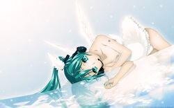  angel aqua_eyes aqua_hair bare_legs bare_shoulders cilou clavicle dress female female green_eyes green_hair hatsune_miku headphones highres legs leotard lingerie long_hair lying microphone nail_polish neko_sakana on_side panties pettanko reflection snow solo tied_hair twintails underwear very_long_hair vocaloid white_dress white_outfit white_panties white_wings wings 