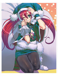  bell black_pantyhose chyko commentary_request female green_eyes green_santa_costume grin hat highres jester_cap kneeling long_hair one_eye_closed original panties panties_under_pantyhose pantyhose photoshop_(medium) red_hair sack santa_costume santa_hat smile solo twintails underwear upskirt wrist_cuffs 