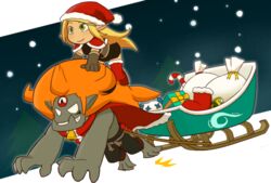  blonde_hair candy candy_cane christmas commentary_request cra_(wakfu) evangelyne_(wakfu) female fen_(gunpura) food gift hat iop_(wakfu) long_hair orange_hair sack santa_costume santa_hat sleigh tristepin_percedal wakfu 