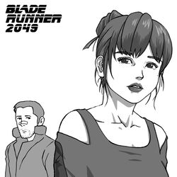  1boy animification bandaid bandaid_on_face blade_runner blade_runner_2049 coat commentary_request cyberpunk facial_hair female greyscale joi k_(blade_runner_2049) kensuke_(55) lips logo looking_at_viewer mole monochrome ponytail science_fiction 