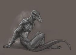  anthro barefoot claws closed_eyes digitigrade feet grey_body klongi lizard male nude reptile scalie side_view simple_background solo 