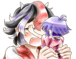  2girls =_= black_hair cink-knic commentary eye_poke grey_horns holding horns japanese_clothes kijin_seija kimono mini_person minigirl multicolored_hair multiple_girls no_headwear oerba_yun_fang open_mouth parody poking purple_hair red_hair small_horns streaked_hair sukuna_shinmyoumaru touhou 