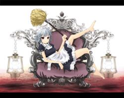  artistic_error barefoot blue_eyes braid broom chair commentary_request easy_chair feet female grey_hair izayoi_sakuya kichi_(takane) lantern letterboxed lying maid maid_headdress short_hair solo tama_(speedgrapher) touhou twin_braids 