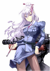  breasts commentary_request female frolaytia_capistrano gatling_gun gun hair_ornament hair_stick hairclip heavy_object highres kiseru large_breasts light_purple_hair long_hair military military_uniform pantyhose purple_eyes saitou_sakae smoking_pipe solo uniform weapon 