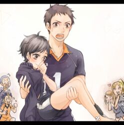  3boys 3girls aihara_mao bandaid black_hair blonde_hair blush brown_eyes brown_hair carrying commentary_request haikyuu!! heart jacket karasuno_volleyball_uniform letterboxed long_hair michimiya_yui multiple_boys multiple_girls nishinoya_yuu open_mouth princess_carry sasaki_chizuru sawamura_daichi short_hair sportswear standing t0day8 tanaka_ryuunosuke very_short_hair volleyball_uniform wavy_mouth 