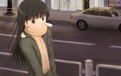  amagami ayatsuji_tsukasa commentary_request female gebo jacket railing road scarf solo street traffic_barrier 