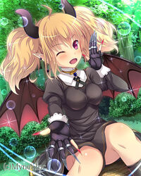  angelmaster blonde_hair blush breasts bubble claws commentary_request copyright_name demon_girl demon_horns demon_wings dress female gloves horns kazumasa looking_at_viewer medium_breasts official_art one_eye_closed open_mouth photoshop_(medium) pointy_ears purple_eyes samael_(angelmaster) smile solo twintails wings 