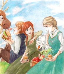  1boy 2girls alcohol anna_(frozen) apple bad_id bad_pixiv_id blonde_hair blue_eyes blush braid cloud cupcake day dress eating elsa_(frozen) food frozen_(disney) fruit kristoff_(frozen) long_hair morisawa_taki multiple_girls olaf_(frozen) red_hair reindeer sandwich siblings single_braid sisters sitting smile snowman sven_(frozen) traditional_media twin_braids wine 