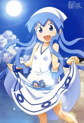  2girls :d absurdres beach blue_eyes blue_hair chibi cloud day dual_persona hat highres honda_yoshino ikamusume imageboard_desourced lying megami_magazine mini-ikamusume mini_person minigirl multiple_girls non-web_source ocean official_art on_stomach open_mouth outdoors shinryaku!_ikamusume sky smile sun tentacle water wet 