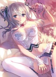  absurdres bad_google+_id bad_id bad_link bare_shoulders blush bow bowtie breasts carnelian collar corset female frills garter_belt graf_zeppelin_(kancolle) highres kantai_collection large_breasts light_purple_hair lingerie lying navel open_mouth panties purple_eyes solo thighhighs twintails underwear underwear_only white_panties white_thighhighs wrist_cuffs 