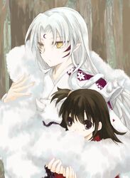  1boy age_difference black_eyes black_hair commentary_request covering_own_mouth cuddling female fur hexagon inuyasha lampnote17 long_hair one_side_up pointy_ears rin_(inuyasha) sesshoumaru slit_pupils white_theme yellow_eyes 