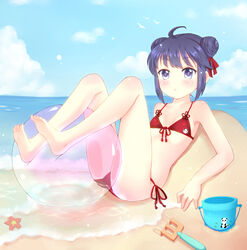  ball barefoot beach bikini blush bucket commentary_request day feet female flat_chest legs mofumofu_(minidora-dorara) original outdoors purple_eyes purple_hair rake red_bikini solo starfish swimsuit 