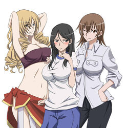  3girls a_certain_high_school_gym_uniform armpits arms_behind_head bandeau black_hair blonde_hair blue_eyes blue_shorts blush breasts brown_eyes brown_hair cleavage commentary_request dress_shirt drill_hair drill_sidelocks embarrassed frown fukiyose_seiri grey_eyes groin gym_shirt gym_shorts gym_uniform hair_over_one_eye hand_on_own_hip large_breasts long_hair lowleg mature_female medium_hair midriff misaka_misuzu multiple_girls navel no_emblem one_eye_closed oriana_thomason pants pose red_sarong ringlets sarong shirt short_sleeves shorts sidelocks simple_background skirt sleeves_rolled_up smile sportswear standing stomach strapless taut_clothes taut_shirt toaru_majutsu_no_index toaru_majutsu_no_index:_old_testament touryou tube_top white_background white_shirt 