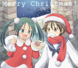  2girls ariga_nao brown_eyes brown_hair candy christmas commentary_request dress facial_hair fangs food francesca_lucchini green_eyes green_hair hat long_hair miyafuji_yoshika moustache multiple_girls sack sailor santa_costume santa_hat scarf strike_witches world_witches_series 