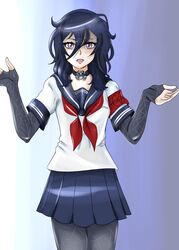  black_footwear black_hair blue_skirt choker collar female goth gothic legs messy_hair oka_ruto oka_ruto_(yandere_simulator) purple_eyes school_uniform skirt solo spider_web spider_web_print yandere_simulator 