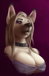  anthro big_breasts black_nose blonde_hair breasts canid canine cleavage clothed clothing collar digital_media_(artwork) ear_markings facial_markings female fur hair head_markings hi_res mammal markings missy_(artist) purple_eyes shaded simple_background solo tan_body tan_fur 