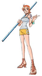  bare_shoulders bracelet breasts brown_eyes cleavage feet female female full_body jaya jewelry legs log_pose looking_at_viewer nami nami_(one_piece) one_piece orange_hair pirate pole polearm sandals shirt short_hair simple_background skirt smile solo staff standing striped striped_shirt tattoo toes weapon white_background 