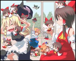  &gt;_&lt; 6+girls :d ^_^ alice_margatroid alison_(alison_airlines)_(character) apron ascot attack bad_id bad_link bad_nicoseiga_id bald_spot bird_wings biting black_border black_hair blank_eyes blonde_hair blood blush blush_stickers border braid brown_hair cape capelet chibi closed_eyes cookie_(touhou) dress fangs fat flapping fleeing gohei grabbing_another&#039;s_hair hair_tubes hairband hakurei_reimu hat highres hinase_(cookie) hitting hookah horns ibuki_suika kirisame_marisa long_hair majin_(marcia) mini_person minigirl multiple_girls multiple_persona nadeko_(cookie) o_o oni open_mouth orange_hair red_eyes reiuji_utsuho reu_(cookie) rock sakenomi_(cookie) sarashi screaming short_hair single_braid sitting skirt skirt_set sleeping smile smoking sweat touhou turn_pale turtleneck unworn_hat unworn_headwear uzuki_(cookie) vest violence waist_apron wings witch_hat yamin_(cookie) 