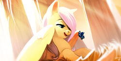  2015 ambiguous_gender arthropod blue_morpho butterfly duo equid equine feathered_wings feathers female fluttershy_(mlp) friendship_is_magic hasbro hi_res imalou insect_wings insects lepidopteran lepidopteran_wings mammal my_little_pony mythological_creature mythological_equine mythology nude open_mouth pegasus plant size_difference solo_focus tree wings yellow_body yellow_feathers 