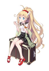  ahoge alternate_hairstyle artist_request blonde_hair blue_eyes blush_stickers box breasts casual female hair_ornament instrument_case long_hair looking_at_viewer musical_note musical_note_hair_ornament official_style ponytail scarf sheet_music sitting small_breasts solo sonata venus_eleven_vivid! very_long_hair white_background 