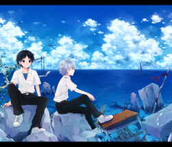  2boys blue_eyes brown_hair cloud commentary_request day debris flower highres hoshiyui_tsukino ikari_shinji letterboxed male_focus multiple_boys nagisa_kaworu neon_genesis_evangelion ocean red_eyes rock ruins sitting sky smile water white_hair 