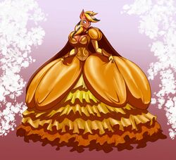  2015 anthro ball_gown breasts cleavage clothed clothing digital_media_(artwork) dress equid equine fan_character female hasbro help_desk_(oc) horn mammal my_little_pony mythological_creature mythological_equine mythology orange_theme solo toughset unicorn 