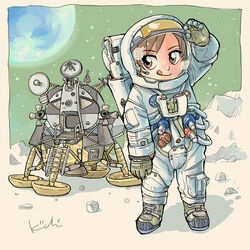  1960s_(style) a7l apollo_11 apollo_lunar_module apollo_program astronaut boots brown_eyes brown_hair commentary_request eagle_(spacecraft) earth_(planet) female full_moon helmet kiichi lunar_surface moon morita_yukari nasa_logo planet real_life retro_artstyle rocket_girls solo space spacecraft spacesuit star_(symbol) tongue tongue_out visor 