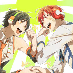  2boys :d ^^^ arsloid bandaid bandaid_on_face clenched_hand commentary_request creamyya crossover green_background handshake headset male_focus multiple_boys nail_polish necktie open_mouth orange_necktie red_eyes red_nails school_uniform smile sunburst sunburst_background tsukishiro_hakupo utau vocaloid 