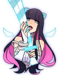  angel_wings blue_eyes colored_inner_hair commentary_request female left-handed licking long_hair multicolored_hair nogi_(noooog) panty_&amp;_stocking_with_garterbelt ribbon solo stocking_(psg) sword two-tone_hair weapon wings 