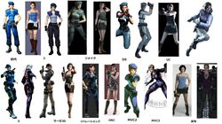  beret blonde_hair boot boots brown_hair cap concept_art denim evolution gun hat holster jeans jill_valentine long_boots miniskirt official_art pants police police_hat police_uniform render resident_evil short_hair skirt tank_top tube_top tubetop uniform variations weapon 