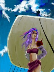  bandana bandana breasts cloud clouds female female final_fantasy final_fantasy_ii leila long_hair midriff navel outdoors purple_eyes purple_hair ship skirt sky solo tubetop violet_eyes 