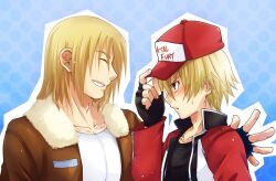  blonde_hair blush fatal_fury garou king_of_fighters kof male male_focus mark_of_the_wolves red_eyes rock_howard snk terry_bogard 